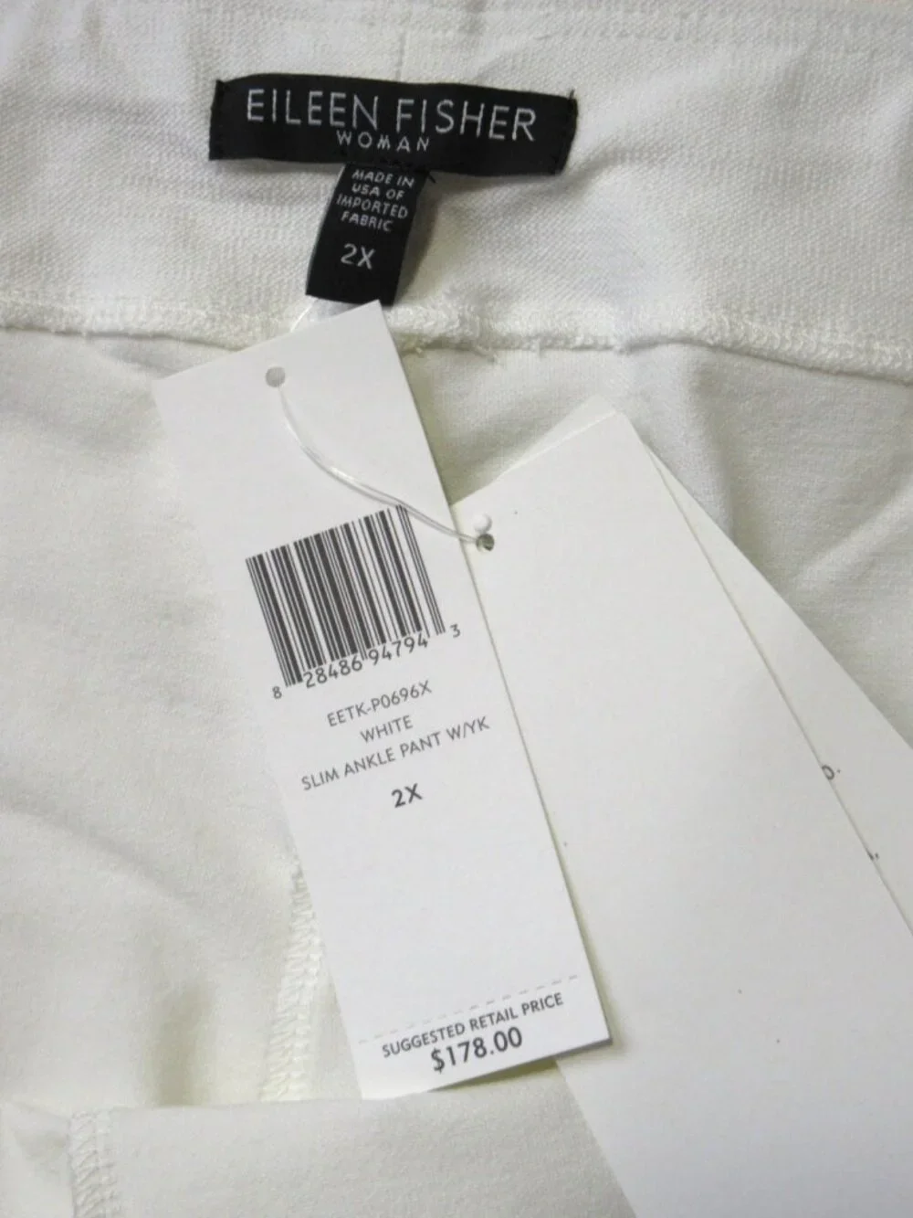 NWT Eileen Fisher Slim Ankle w/ Yoke in White Washable Stretch Crepe Pants 2X
